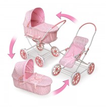 3-in-1 Pink Gingham Doll Pram, Carrier, & Stroller